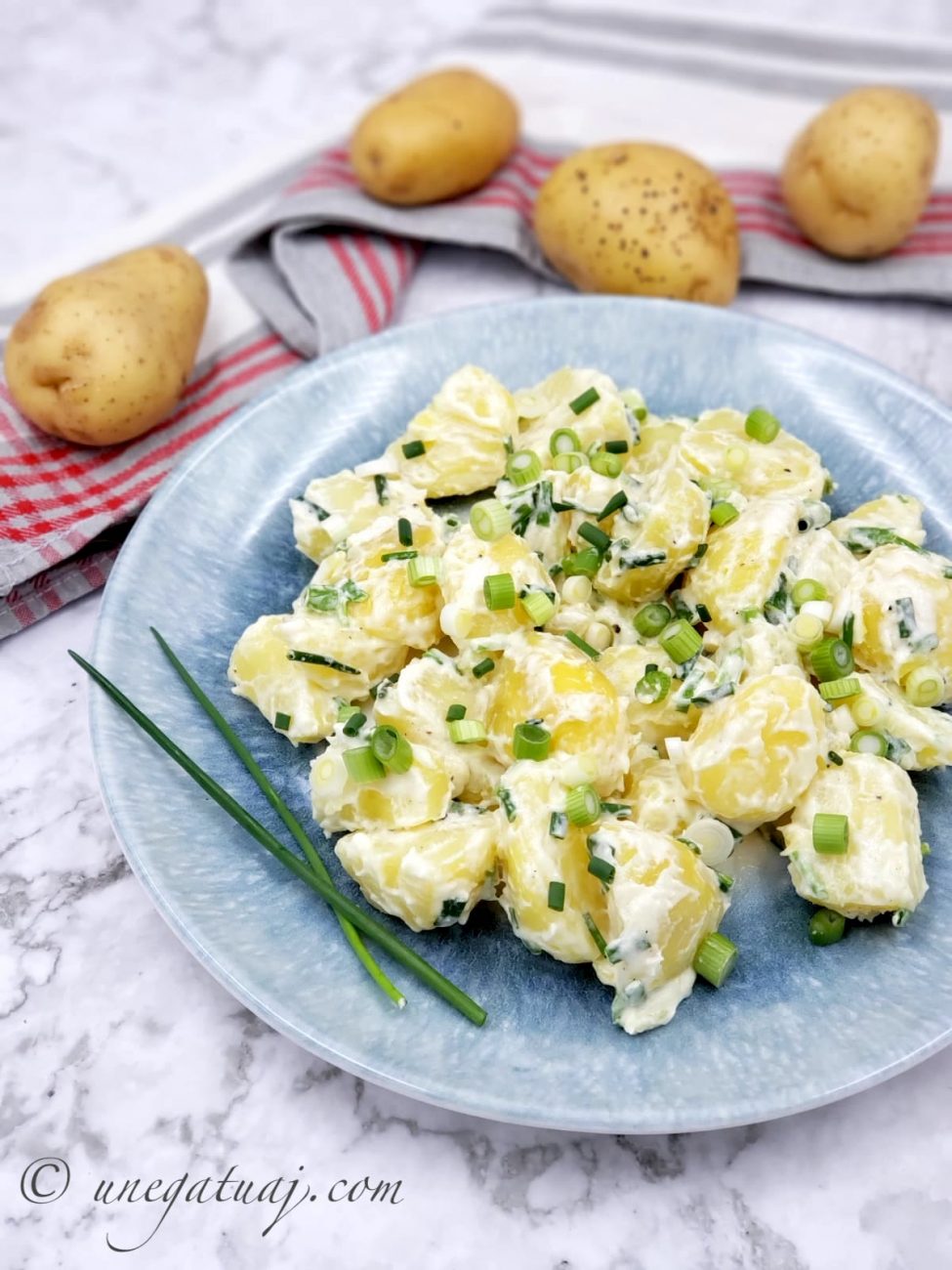 Sallatë patatesh me kos dhe qepë të njoma