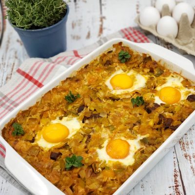 Burani në tavë me presh dhe oriz