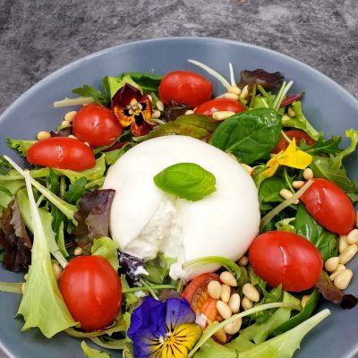 Sallatë me djathë Burrata dhe domate të vogla Sallatë me djathë Burrata dhe domate të vogla